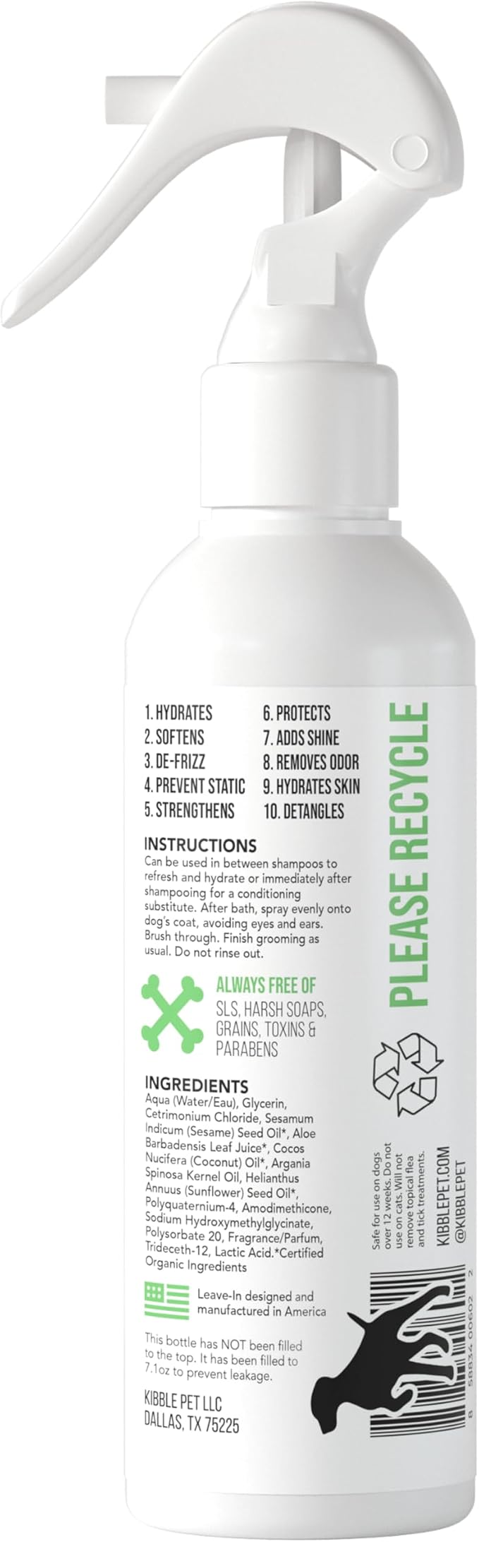 Kibble Pet Silky Coat Light Leave-in Conditioner Spray for Dogs, Salon-Quality Post-Bath Step Before Blowdrying, Organic Argan & Coconut Oil Formula, Aloe Vera & Honey Scent, Made in USA, 7.1 oz