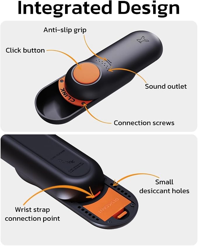 Clink Design 2-in-1 Puppy Essentials, Dog Training Clicker & Treat Carrier, Durable Food-Grade ABS, Treat Carrier with Desiccant Compartment, Compact & Lightweight Dog Stuff for Dogs - Black & Orange
