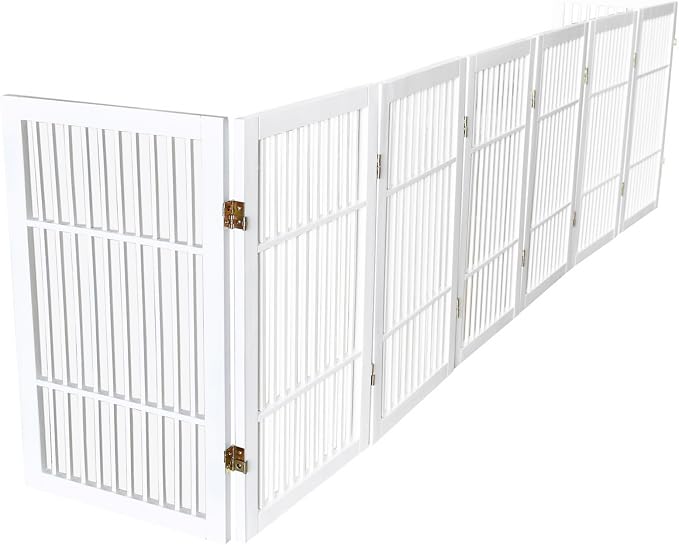 Urnporium Pet Dog Gate Freestanding, Strong Durable Folding Wooden Fence, Portable Acacia Hardwood Safety Barrier for Indoor & Outdoor Use (White Pet Gate, 8 Panel 30" Tall)