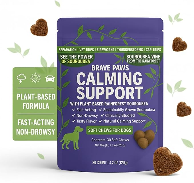 Brave Paws Calming Chews for Dogs - Plant-Based Dog Calming Chews for Anxiety Relief Support with Souroubea - Helps with Dog Separation Anxiety, Stress, Travel & Loud Noises (Fireworks, Thunder)