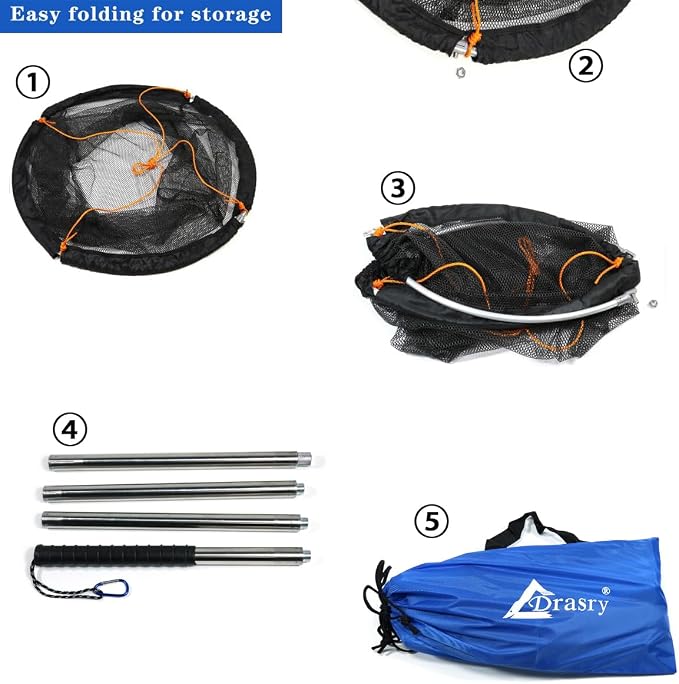 Drasry Large Collapsible Bridge Pier Fishing Net Landing Net with Rod, High Load Aluminum Ring Drop Net for Saltwater and Freshwater Pier Fishing Basket with 49.2 ft. Rope