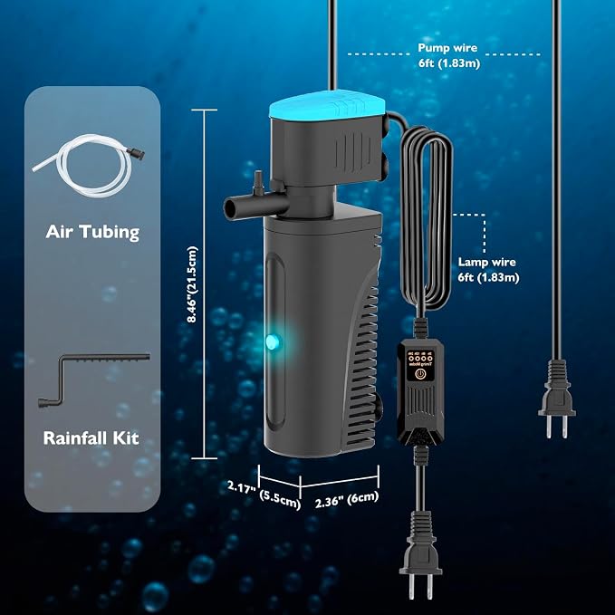 Aquarium Filter with U - V Clarifier for Green Water Cleaning | Fish Tank Filter to Remove Al-gae | Green Killing Machine | Aeration/Rainfall Mode | with Timer | Turtle Tank Filter (10-30Gal)