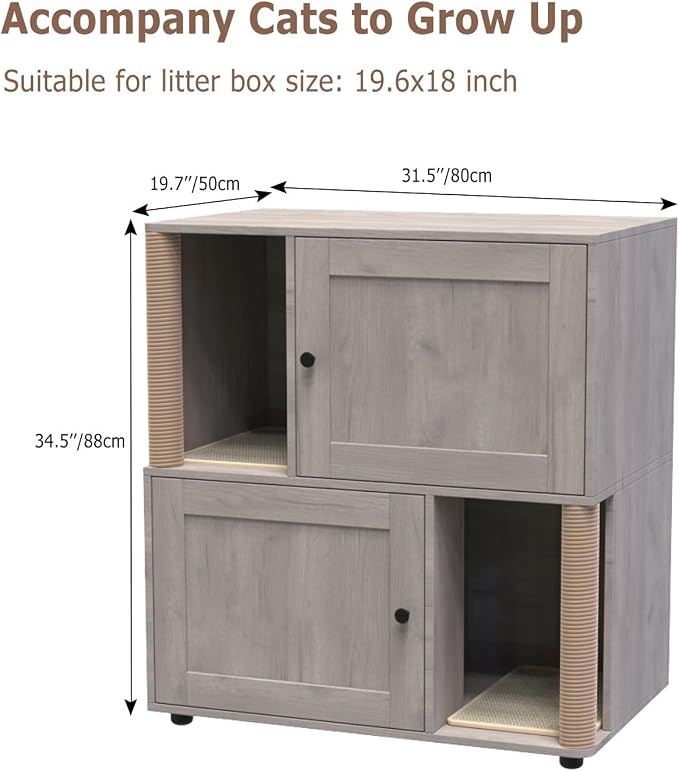 2 Tier Cat Washroom,Modern Farmhouse Double Cat Litter Box Enclosure Furniture,Hidden Cabinet with 2 Scratch Mats & Post, Multi-Functional End Side Table for 2 Cats, Odor-Control Wooden Washroom Cabin