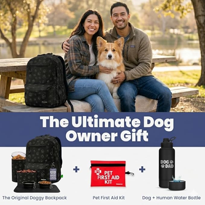 Dog Travel Bag for Supplies - Complete Dog Diaper Bag Backpack with 2 BPA-Free Travel Bowls, Treat Pouch, Food Container, Placemat & Laptop Sleeve – for Traveling, Road Trips, Hiking: Black-Paw Print