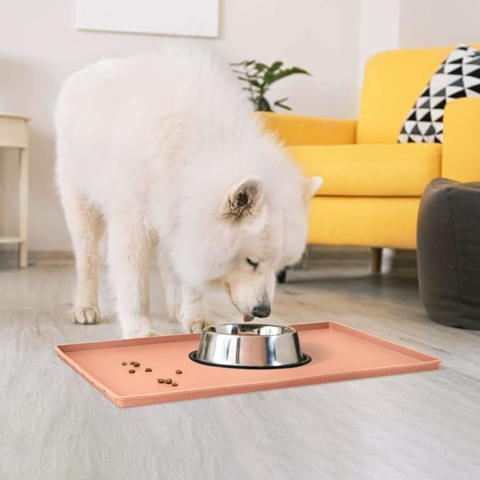 Dog Food Mat,Silicone Waterproof Food Tray,Non Slip Pet Bowl Mats Placemat,0.6" Raised Edge,Suitable for Most Small and Medium Sized Pets,24" x 16"