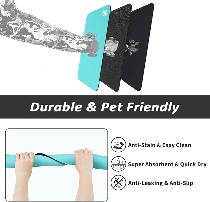 HotLive Dog Food Mat - Absorbent Cat Mat for Food and Water, No Stains Pet Feeding Bowl Mat, Easy to Clean Pet Placemats, Quick Dry Dog Water Dispenser Mat for Messy Drinkers | Paw Teal 24"x36"