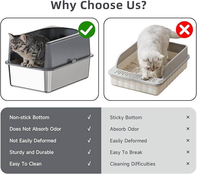 Booche High-Sided Stainless Steel Cat Litter Box,Stainless Steel Litter Box with Lid,Extra Medium Box,Easy-to-Clean Metal Litter Pan for Cats (20''L X 14''W X 12''H with Enclosure)