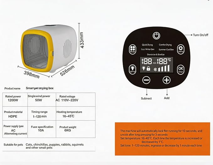 Automatic Pet Hair Dryer Box, 62L, 360° Drying with Temperature Control, 4 Speed Settings, 5 Drying Modes, Includes 5 Towels, White