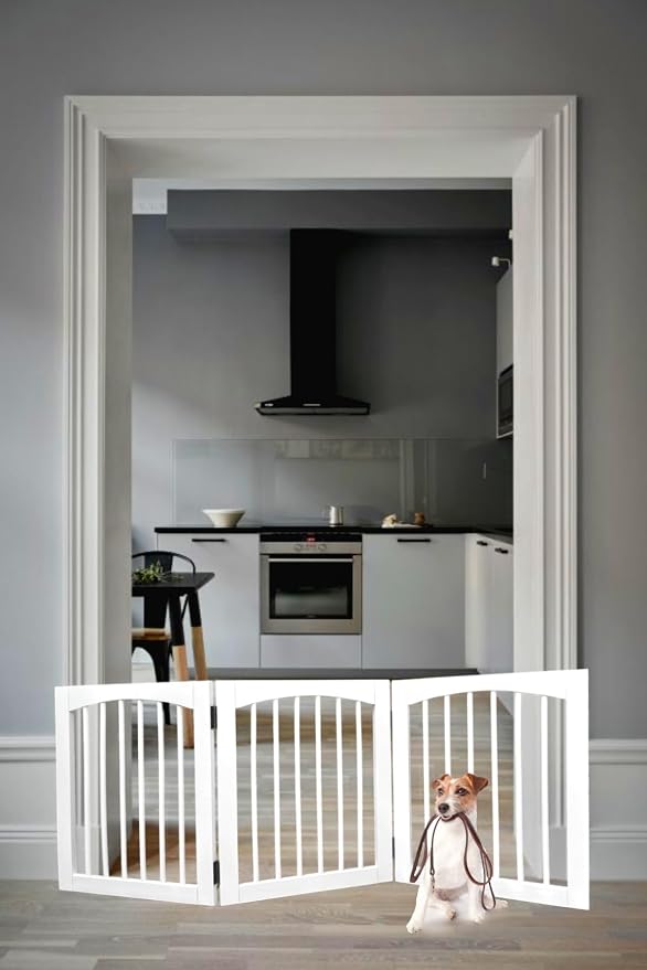 Tabago Foldable Freestanding Wooden Pet Gate 24"x20" – Expands up to 60", White Dog Gate for Small Pets, Stylish Indoor Barrier for Doorways & Hallways (White, 24" H x 60" W)