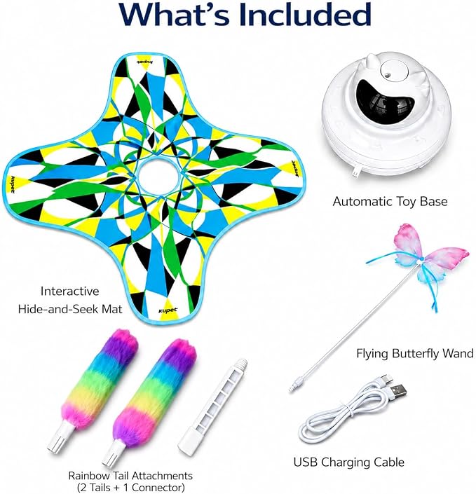 Interactive Cat Toy for Indoor Cats, Rechargeable 3-in-1 Hide and Seek Cat Toy with Spinning Butterfly & Plush Tail, Ultra-Quiet Touch Activated Self Play Cat Exercise Toy for Adult Cats & Kittens