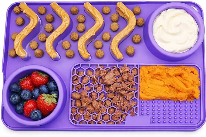 Silicone Dog Feeding Mat with Slow Feeder & Lick Pad for Dogs & Cats – Non-Slip Spill Proof Pet Feeding Mat with Bowl Holder – Dishwasher Safe BPA-Free Silicone – 12 x 8 Inch Purple