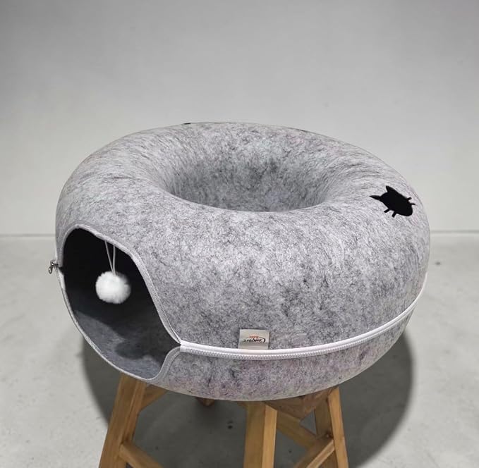 Cat Tunnel Bed - Comfort Bedz Large Donut Cave for Cats, Felt Enclosed Hideaway with Zipper, Top Perch, Interactive Toy, Washable Indoor Cat House
