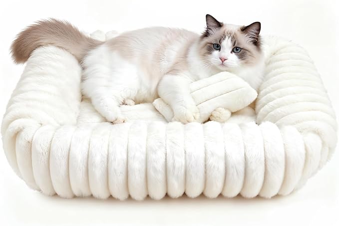 Square Cat Bed Orthopedic Pet Bed with Pillow Super Soft Rabbit Fur Small Dog Beds, Calming Plush Kitten Bed with Removable Washable Cover & Anti-Slip Bottom cat beds for Indoor Cats self Warming