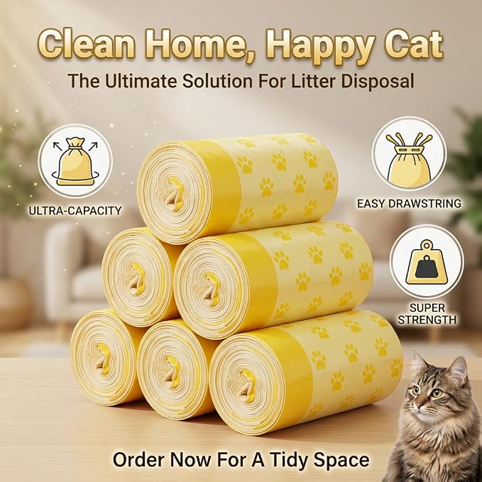 Extra Large Cat Litter Box Liners 120 Count (6 Rolls), Drawstring Cat Litter Bags for Automatic Litter Box, Leakproof & Odorless for Multi-Cat Household, Cats and Dogs 23.6" x 19.7"