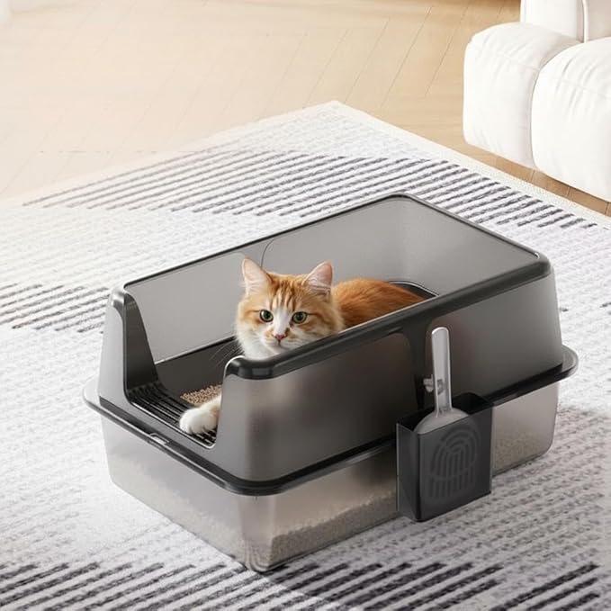 Metal Cat Litter Box, Large Enclosed Stainless Steel Litter Box with Lid & Side Litters Filter, Anti-Leak Non-Stick Design, Includes Scoop for Cats 6'' Deep Black-A