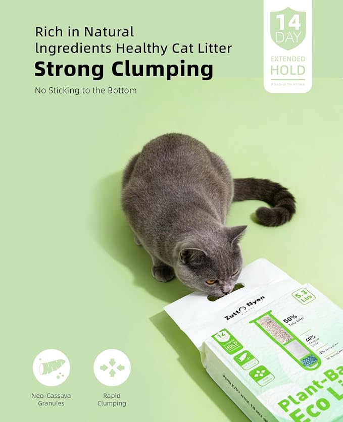 Zutto Nyan 4 in 1 Cassava Cat Litter - Advanced Fast Clumping, Flushable, Low Tracking, 99% Dust Free. Natural Plant Based,Pet Friendly, Great for All Cats, Sensitive Paws, Kittens(5.3 lbs x4 Bag)