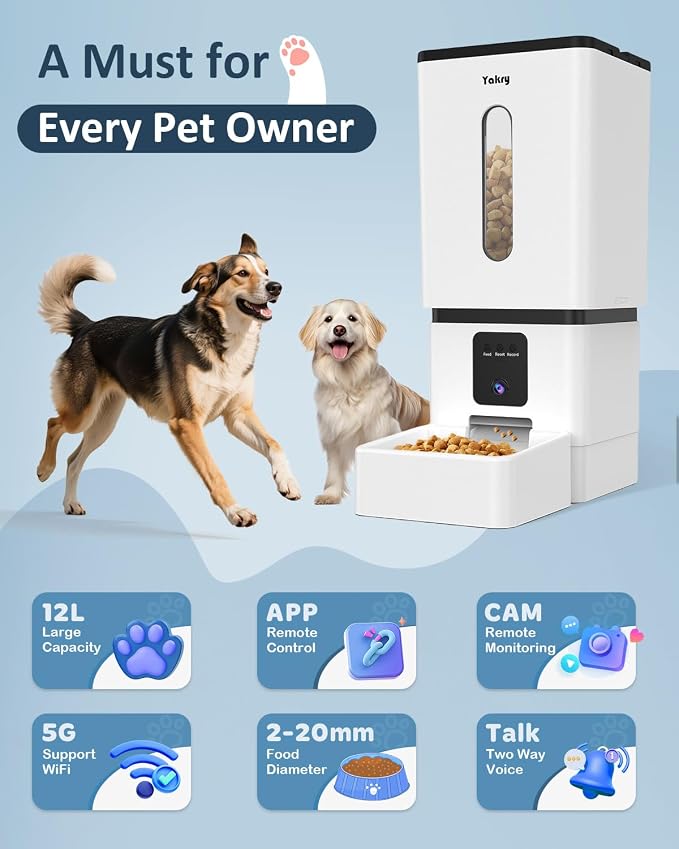 Automatic Dog Feeder Large Breed with Camera - 12L/50 Cups Anti-Clog Dog Food Dispenser for Kibble up to 20mm/0.78 in - WiFi App Scheduling & HD 1080P Camera for Remote Mealtime Check-Ins by Yakry