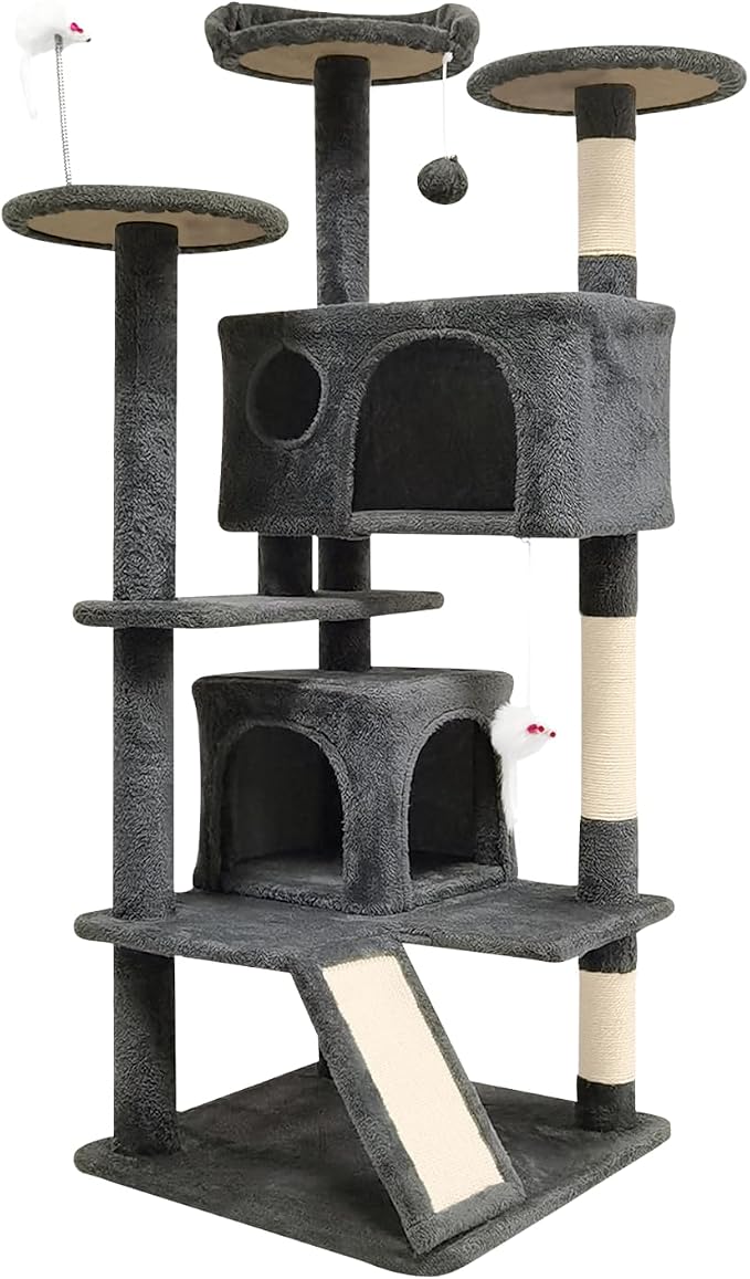 53-inch Cat Tree Tower for Indoor Cats,Cat Tree House Cat Furniture with Sisal Scratching Post,2 Cat Caves,Dangling Toys (Black)
