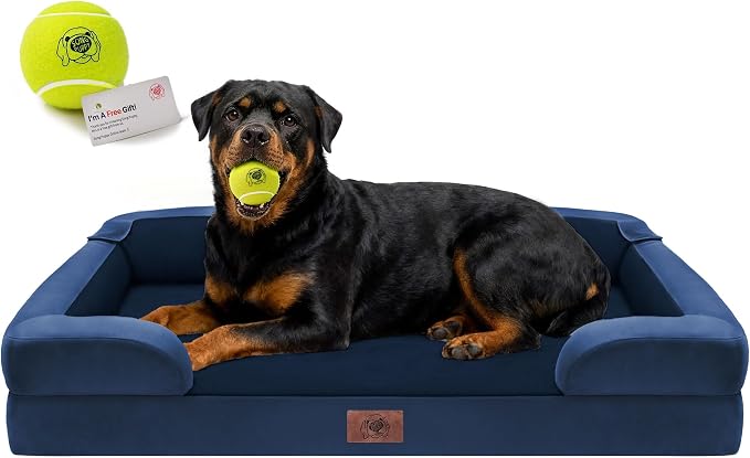 Orthopedic Dog Bed for Extra Large Dogs, XXL Waterproof Egg Crate Memory Foam Pet Bed Bolsters with Removable Washable Cover & Non-Slip Bottom, Tennis Ball Toy, 45x35