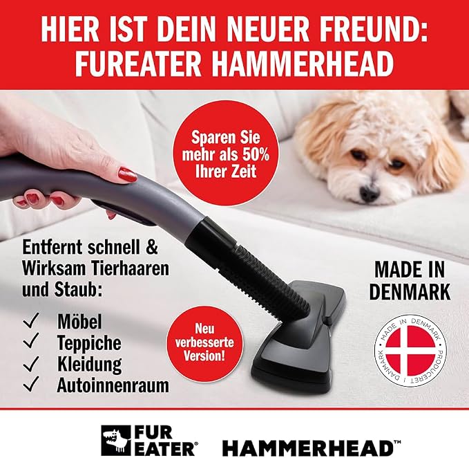 Hammerhead Pet Hair Remover Vacuum Attachment, Wide Rubber Brush for Dog & Cat Hair, Fits 1-1/4, 1-3/8 & 1-1/2 in Round Hoses, for Couch, Car, Carpet & Upholstery