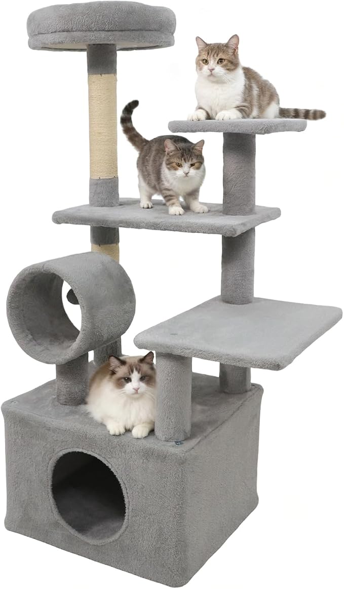 Tangkula Cat Tree Tower, 48 Inch Multi-Level Cat Tower with Large Condo, Sisal Scratching Post, Padded Top Perch, Tunnel, Hanging Ball, 3 Jumping Platforms for Indoor Cats (Light Gray)