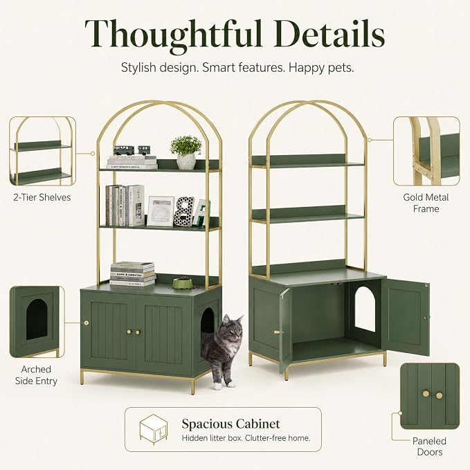 Homhedy Cat Litter Box Enclosure, Litter Box Furniture Hidden with 2-Tier Storage Shelves, Wooden Cat Washroom Furniture with Metal Frame, Modern Style, Green and Gold