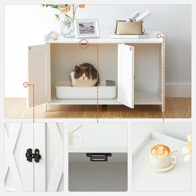 MAHANCRIS Cat Litter Box Enclosure, Hidden Litter Box Furniture with Divider, Indoor Cat House, Wooden Cat Washroom Storage Cabinet Bench, Side End Table Nightstand, White CWWT2501