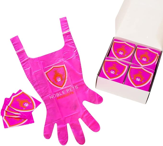 Noble Pets Dog Gloves - 8+ Ways to Use Them| Leak Proof | Extra Long Tie Handles | Eco-Friendly (Pink, 160 gloves)