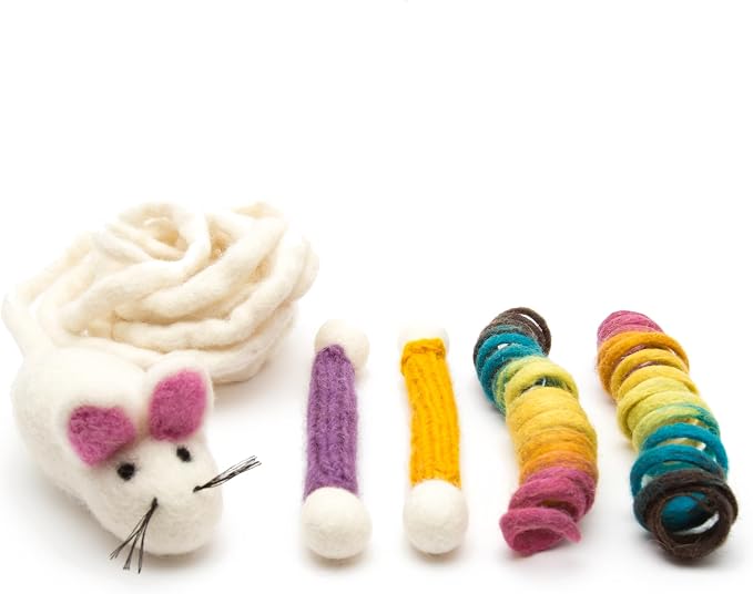 Glaciart One Indoor Catnip Cat Toy Pack - 5pc | Kitty Toys Include Wool Springs, Swabs & Mouse | for Activity, Exercise & Play | Filled w/Organic Catnip to Excite/Calm Pet | Great Gift Idea