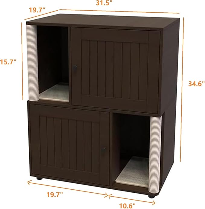 2 Tier Cat Washroom,Modern Farmhouse Double Cat Litter Box Enclosure Furniture,Hidden Cabinet with 2 Scratch Mats & Post, Multi-Functional End Side Table for 2 Cats, Odor-Control Wooden Washroom Cabin