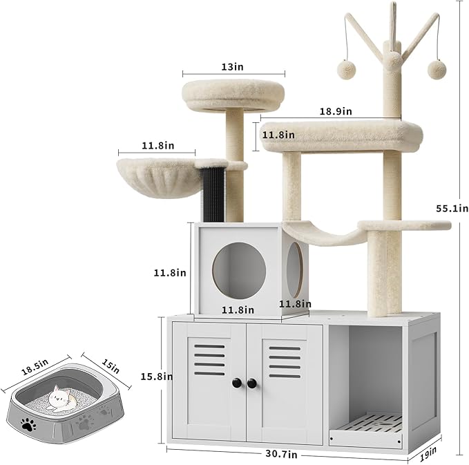 GAOMON Litter Box Enclosure with Cat Tree Tower 2-in-1 Modern Hidden Pet Washroom Furniture with Condo Hammock Scratching Posts and Multiple Soft Perches