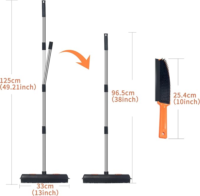 LandHope Carpet Rake for Pet Hair Remover Long Handle with Squeegee, Rubber Broom Carpet Brush Non Scratch Bristles Fur Remover Indoor Outdoor Push Broom for Cat Dog Hair Hardwood Tile Windows Clean