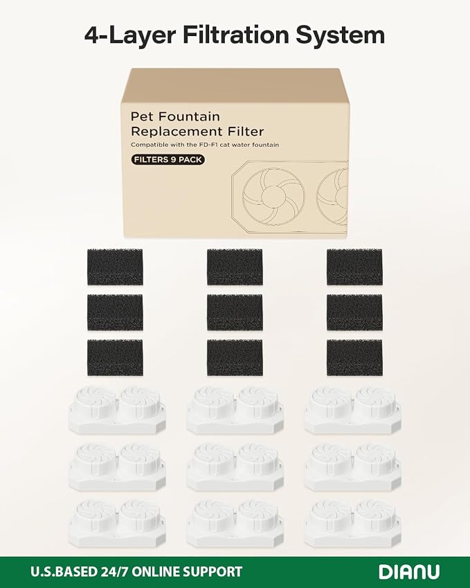DIANU Official Cat Water Fountain Replacement Filters & Pre-Filter Sponges for 3.2L/108oz Stainless Steel Pet Fountain (9 Pack)