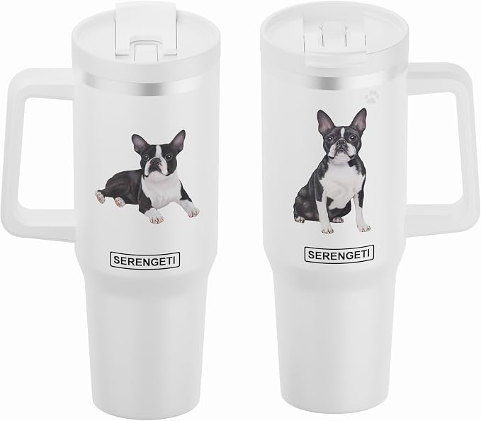 SERENGETI 40 Oz Ultimate Tumbler with Handle and Straw - Vacuum Insulated Tumbler with Straw and Lid - Stainless Steel Travel Mug for Pet Lovers - 3D Designs of your favorite Dog (Boston Terrier)