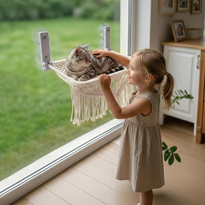 Cat Hammock & Window Perch w/ 4 Suction Cups, Foldable Adjustable Boho Cotton Rope Pet Hammock Bed & Cat Shelves for Indoor Cats/Small Animals - All-Season Sleeping, Lounging, Climbing