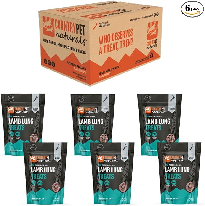 New Zealand Raw Freeze-Dried Lamb Lung 70% Protein Bites 100% Grass-Fed, Premium, Single Ingredient, Grain & Gluten Free Dog Treat & Topper. No Crumbling 6-Pack
