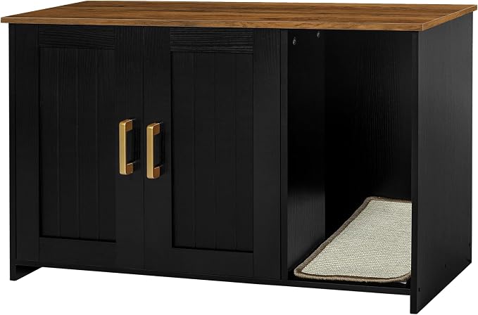 DWANTON Litter Box Enclosure, Cat Litter Box Furniture Hidden, with Scratching Mat, Wooden Cat Washroom Indoor, 31.5" L x 19.7" W x 21.7" H, Black and Warm Brown