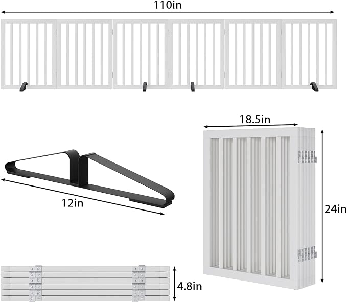 Wooden Dog Gate Freestanding Foldable 6 Panel Pet Gates Extra Wide Dog Gates for Indoor Doorways Stairs 24in Height Support Feet Included