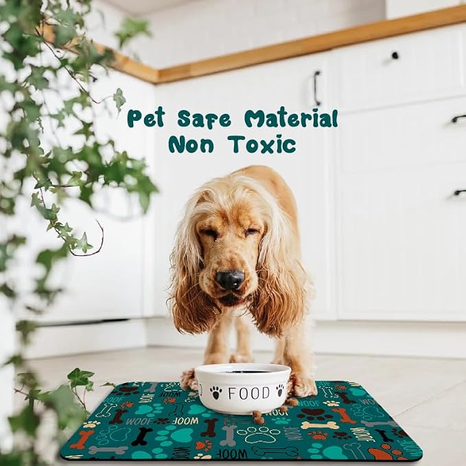 Dog Food Mats for Floors Waterproof, Pet Water Bowl Mats Pet Feeding Absorbent Placemats Green 16 * 24 inch