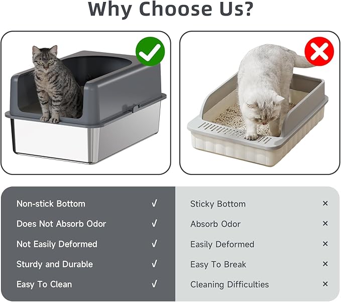 Booche High-Sided Stainless Steel Cat Litter Box,Stainless Steel Litter Box with Lid,Extra Large,Easy-to-Clean Metal Litter Pan for Cats (24''L X 16''W X 12''H with Enclosure)