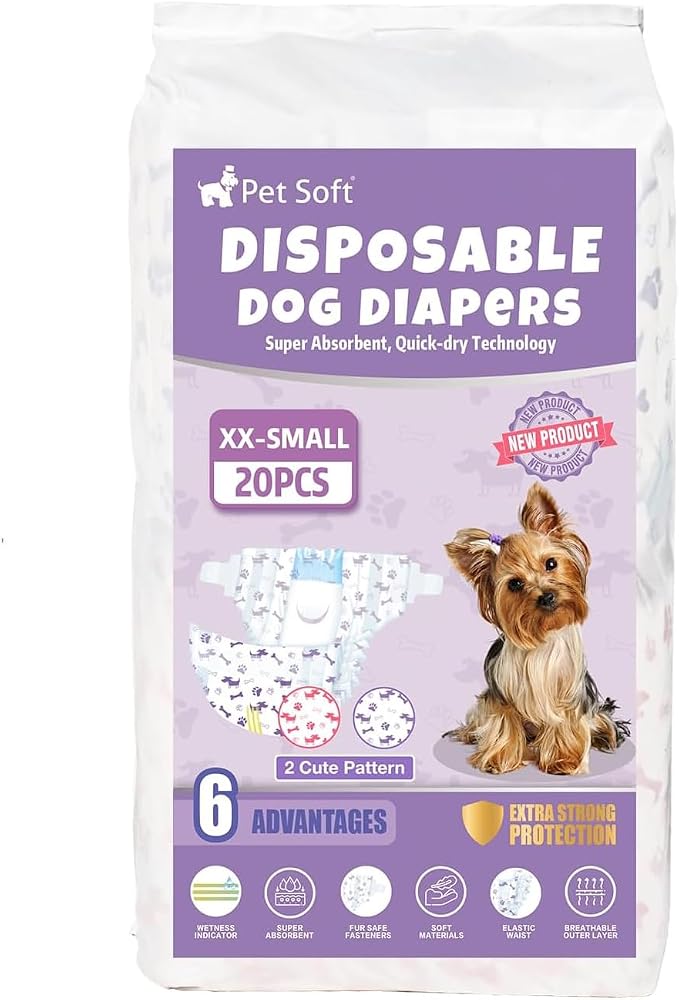 Pet Soft Female Dog Diapers - Disposable Doggie Diapers with Wetness Indicator, Puppy & Cat Diaper Super Absorbent, Fit for Female Dog in Heat or Incontinence, 20pcs (XXS, Mixed)