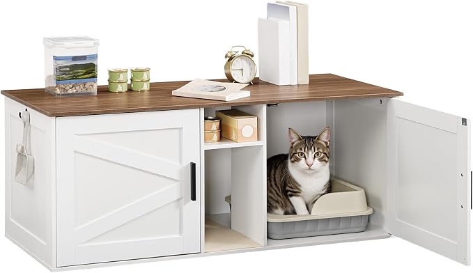 HOOBRO Double Litter Box Enclosure, Modern Cat Litter Box Furniture with Storage and Mat Design, Farmhouse Hidden Litter Box Enclosure with 2 Hooks, White and Walnut WH23MW01