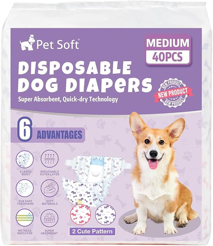 Pet Soft Female Dog Diapers - Disposable Doggie Diapers with Wetness Indicator, Puppy & Cat Diaper Super Absorbent, Fit for Female Dog in Heat or Incontinence, 40pcs (M, Mixed)