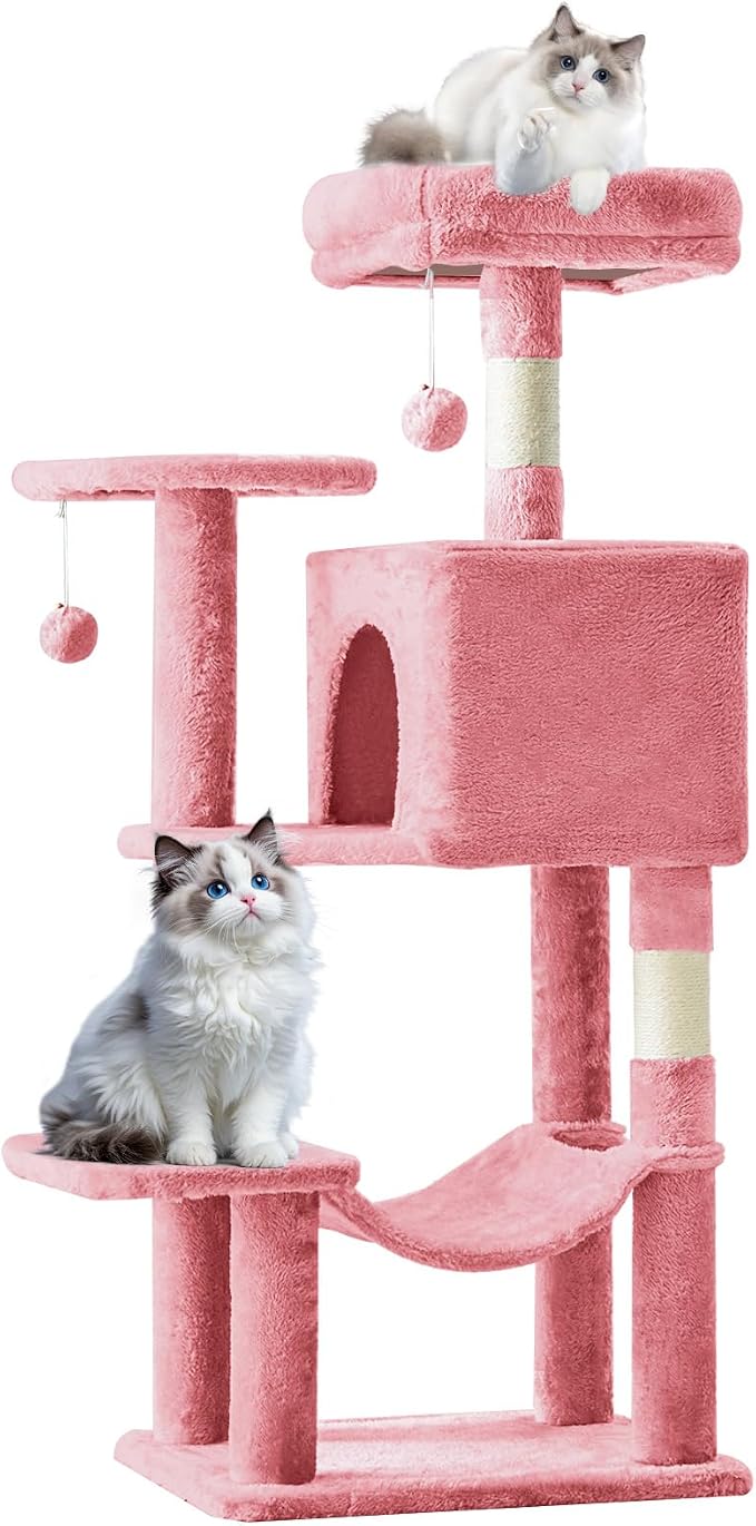 Cat Tree Tower 44 Inch, Small Cat Tower with Condo, Hammock, Sisal Scratching Posts, Extended Perch, Pet Play House for Indoor Kittens and Cats, Pink