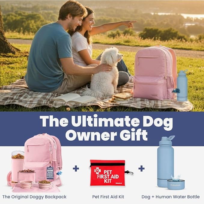 Dog Travel Bag for Supplies - Complete Dog Diaper Bag Backpack with 2 BPA-Free Travel Bowls, Treat Pouch, Food Container, Placemat & Laptop Sleeve – for Traveling, Road Trips, Hiking: Dusty Pink