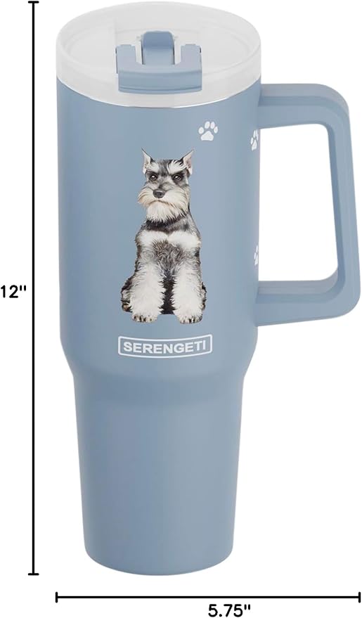 E&S Pets SERENGETI 40 Oz Ultimate Tumbler with Handle and Straw - Vacuum Insulated Tumbler with Straw and Lid - Stainless Steel Travel Mug for Pet Lovers - 3D Designs of your favorite Dog (Schnauzer)
