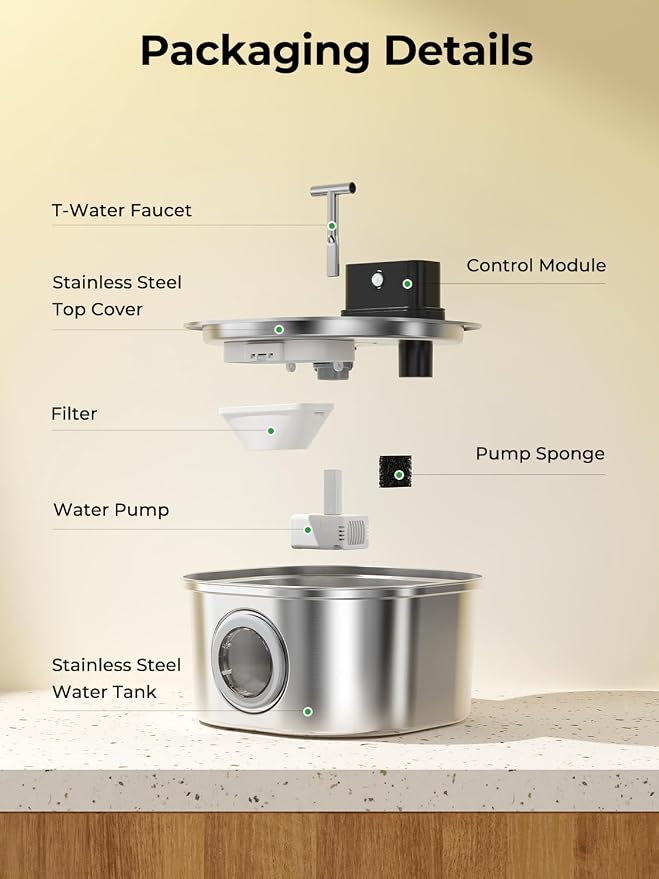 Voluas Stainless Steel Wireless Cat Water Fountain: 3.2L/108oz 3-Modes Pet Drinking Fountain Indoor Cordless Motion Sensor with Pet Water Dispenser Bowl with Water Level Window, BPA-Free, 4Filter