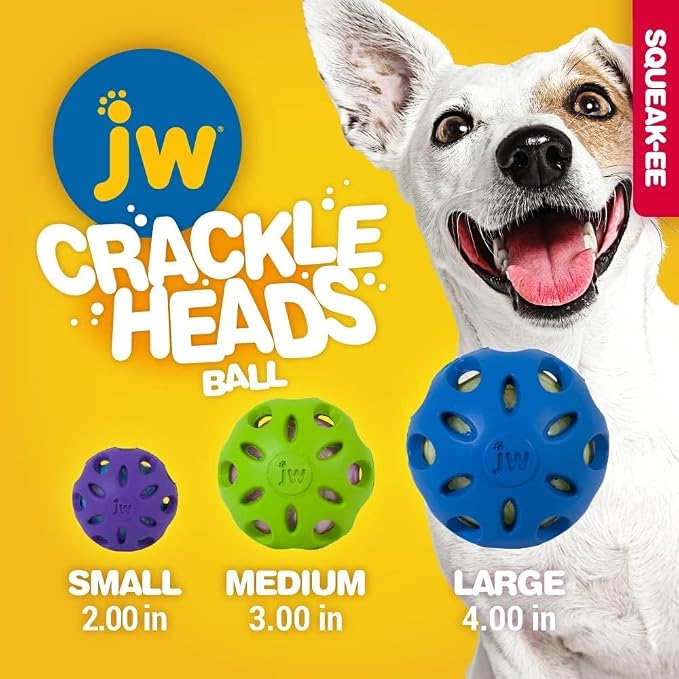 JW Pet Crackle Heads Ball Rubber Durable Fetch Chew Dog Toy 2.3 in Small 3 Pack