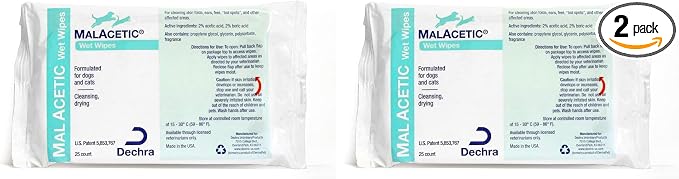 Dechra MalAcetic Wet Wipes for Cats and Dogs 25 Count (Pack of 2)