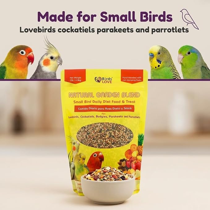 Birds LOVE Natural Garden Blend Bird Food for Small Birds, 4 lb - Hand Packed in USA, Natural Mix with Fruits, Seeds & Grains for Lovebirds, Cockatiels, Budgies & Parakeets